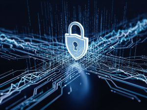 Abstract image of a digital lock or shield surrounded by glowing lines of code, symbolizing cybersecurity.