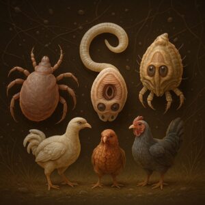 Highly detailed digital illustration of four parasites—tick, nematode, tapeworm, and louse—highlighted with texture on a dark background.